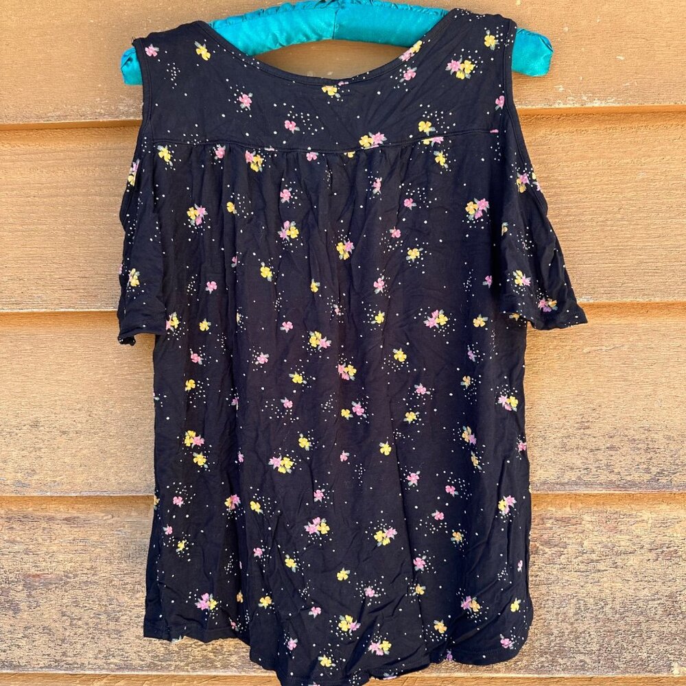 Old Navy Cold Shoulder Floral Top Girls Size L 10/12 Black With Yellow & Pink Fl - Picture 3 of 10